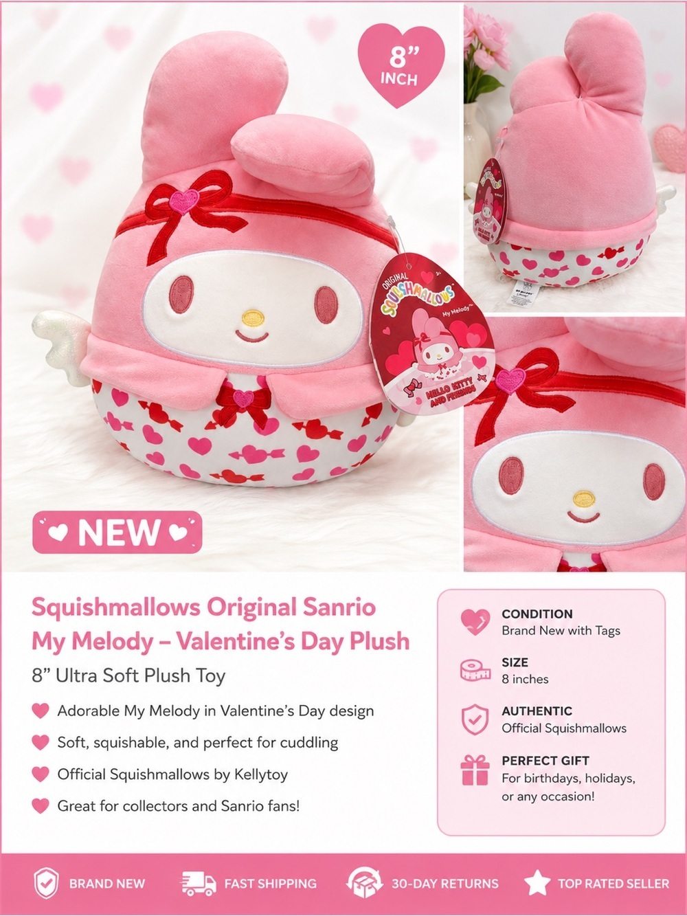 Squishmallows My Melody Pink and White Heart Plush - Sanrio